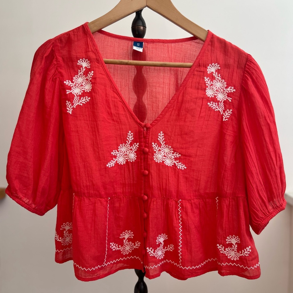 Old Navy Red/Pink V-Neck Embroidered Peplum Blouse